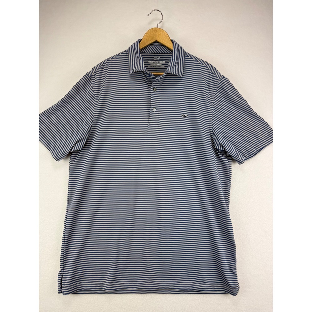 Vineyard Vines Performance Polo Shirt Mens Large L Blue Striped Short Sleeve